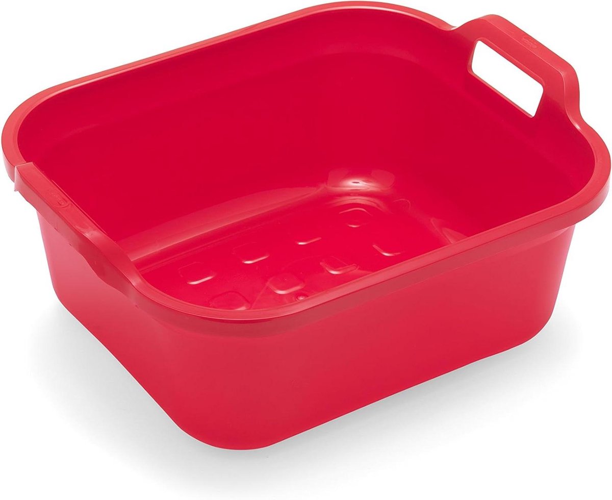 Rechthoekige spoelbak - Afwasbak met handgrepen - Huishoudelijk gebruik - Met stang voor uitgieten - 10 liter inhoud - Rood