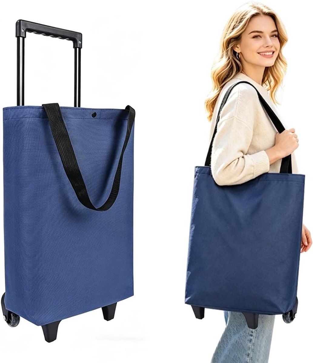 SnelShoppen - Inklapbare Boodschappentrolley 30 Liter, Grote Boodschappentas Op Wielen, Waterdicht, Ritssluiting, Ideaal Voor Kamperen, Reizen, Blauw