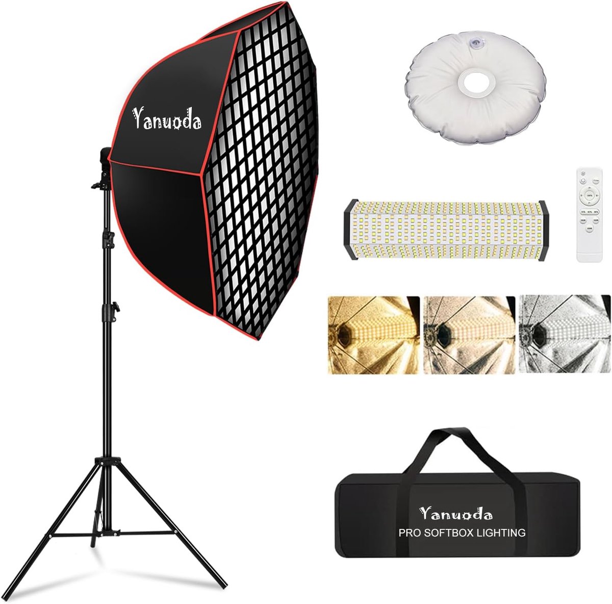 SnelShoppen - 37" Professionele Achthoekige Softbox Verlichtingsset - 110W Dimbare LED Videolamp met 97 CRI, Lichtstandaard, Diffuser, Rooster & Afsta
