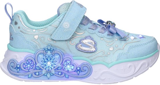 Lichtblauwe sneaker met glitters, strik, sneeuwvlok-detail en lichtjes.