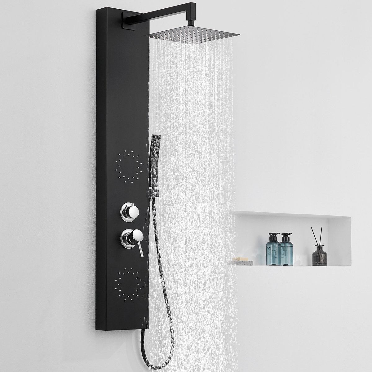 Auralum Douchepaneel Zwart - RVS & Messing - Anti-Kalk - 3 in 1 Douchesysteem - Regendouche - Spa jets Massage - Opbouw - Douche Combinatie Set - Waterbesparend