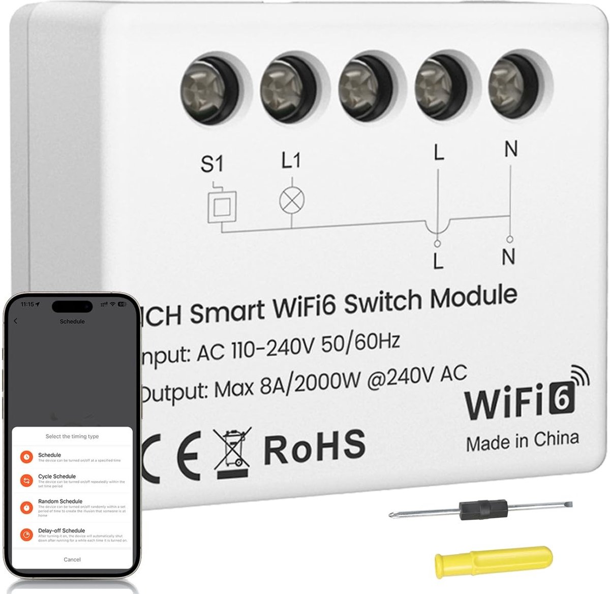 Relaisschakelaar 1 kanaals mini-module met wifi 6 voor huisautomatisering, garagedeuren, verwarmingsketel en rolluiken, bediening via Smart Life en Tuya app, wit