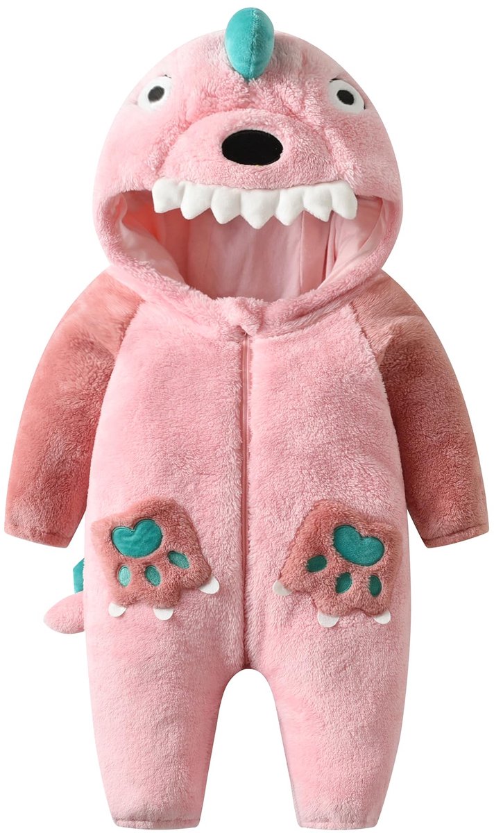 SnelShoppen - LOLANTA Unisex Baby Dinosaurus Dragon Kostuum, Pluche Eendelige Hooded Romper voor Peuters, Roze Dinosaurus, Maat 2-3 Jaar, Perfect voor