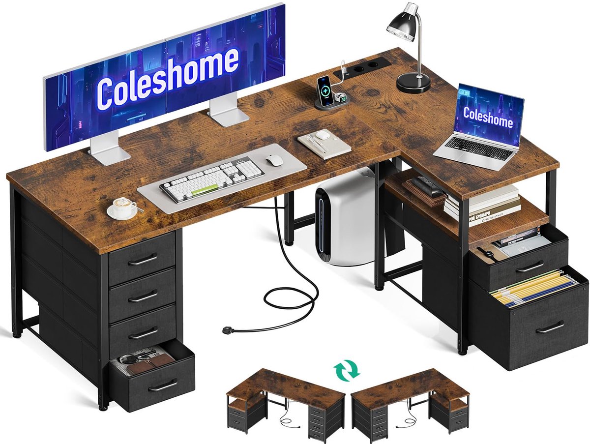 SnelShoppen - Coleshome Bureau met Stoffen Laden 140 x 80 cm, Omkeerbaar L-vorm Hoekbureau, met Aktlade, USB-Oplaadpoort en Stopcontact, Bruin voor Th
