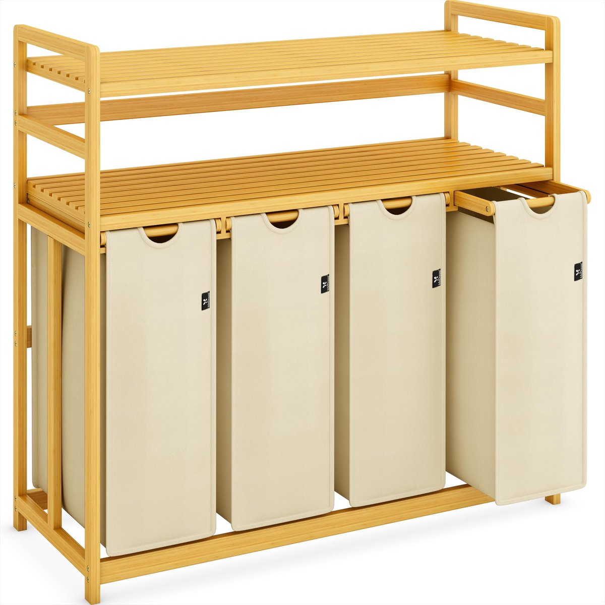 SnelShoppen - Wasmand 200L met Bamboeframe en 4 Vakken, Dubbele Plank voor Huishoudens, Opbergruimte, Kleding, Wassen, Organiseren, Duurzaam, Trendy D