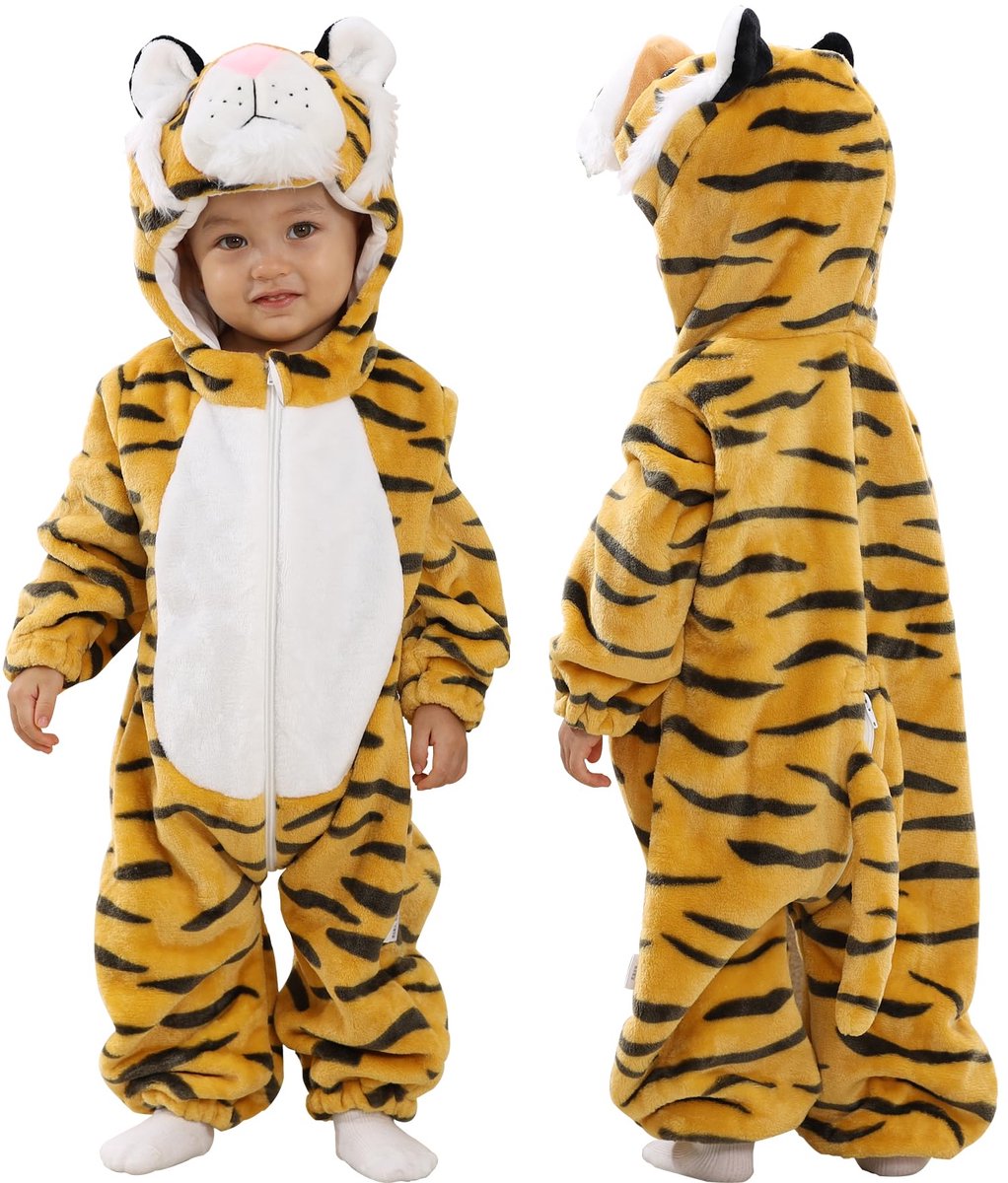 SnelShoppen - Doladola Baby Flanel Dier Hooded Rompertjes, Peuters Jumpsuits Outfit voor Kinderen van 3-4 jaar, Tijger, Zacht, Warm, Perfect voor Spee