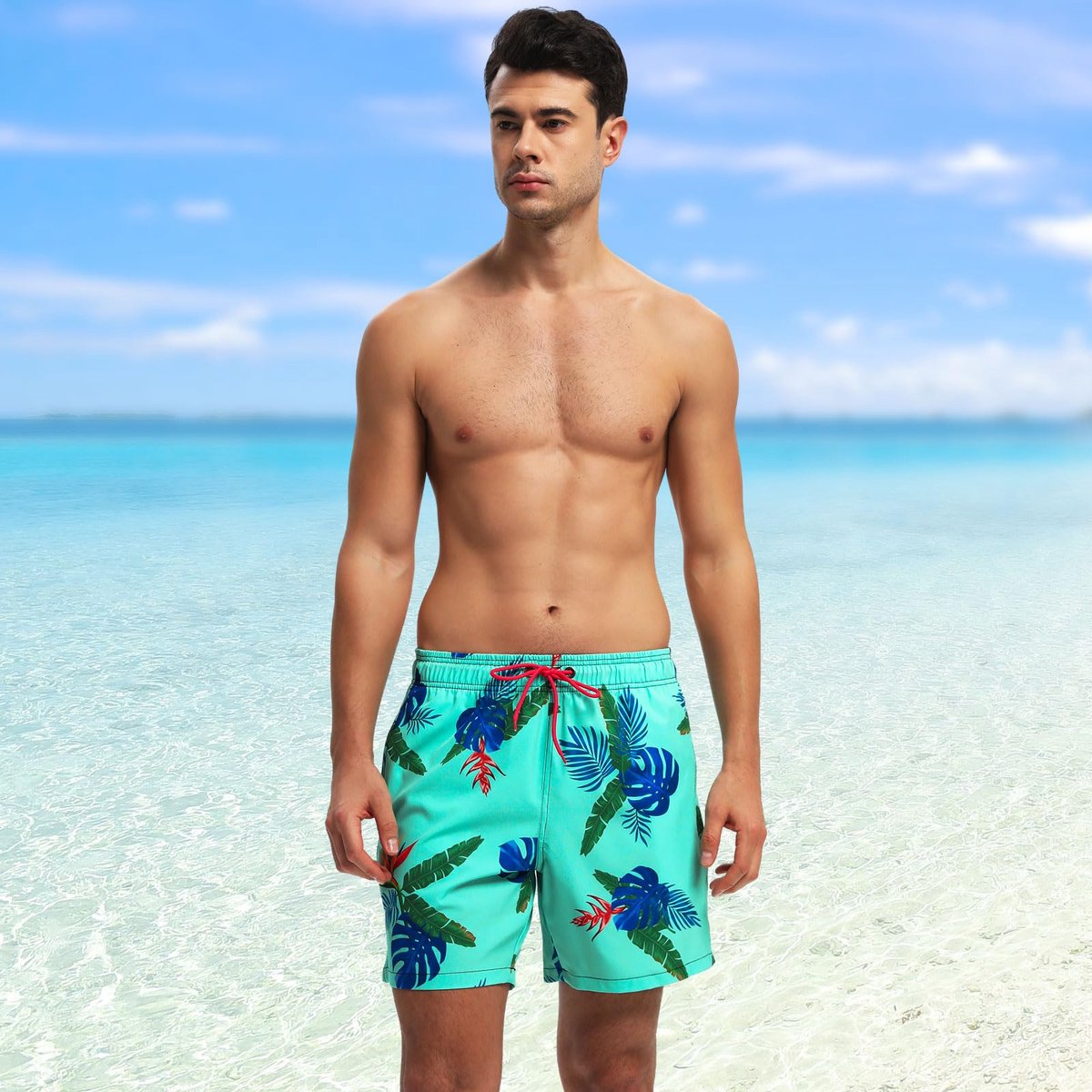 SnelShoppen - Heren Zwembroek, Casual Shorts voor Strand en Zwembad, Lange Zomerbroek met Zakken en Verstelbaar Trekkoord, C_Aquamarijn, XL