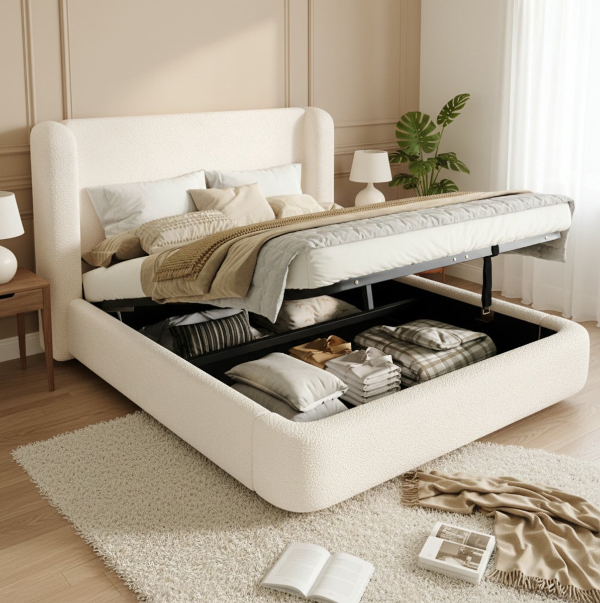 DESMIU Gestoffeerd Bed 180x200 cm – Hydraulische Opbergruimte – Met Lattenbodem En Hoofdbord – Tweepersoons Voor Slaapkamer – Bouclé – Beige – Zonder Matras