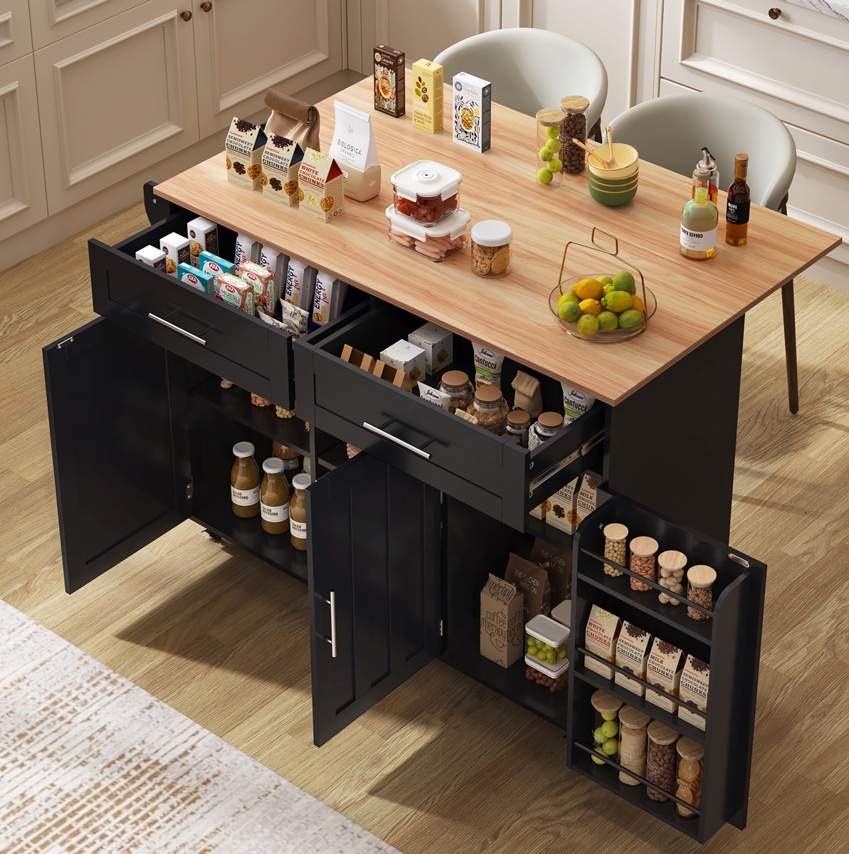 COVREO Keukenkast 129x46x91,5 cm zwart naturel, MDF met uitklapbaar blad