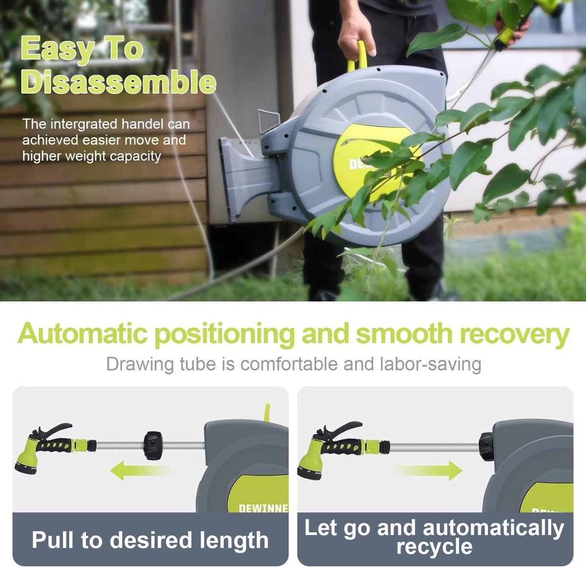 SnelShoppen - Automatische tuinslanghaspel 20 + 2 m met sproeimondstuk, wandroller voor intensief gebruik, automatische oprolhouder voor tuinirrigatie