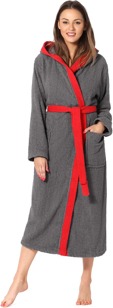 SnelShoppen - Dames Badjas 100% Katoen LA40-191 Donker Grijs/Rood M - Comfortabele en Stijlvolle Badjas voor Thuis, Wellness, en Relaxmomenten
