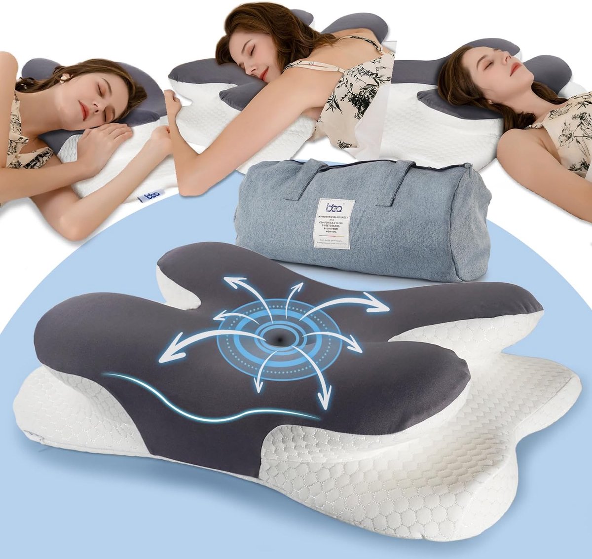SnelShoppen - IDEA Neksteunkussen van traagschuim, ergonomisch hoofdkussen met koelhoes, orthopedisch kussen tegen nekpijn en snurken, 62 x 40 cm voor