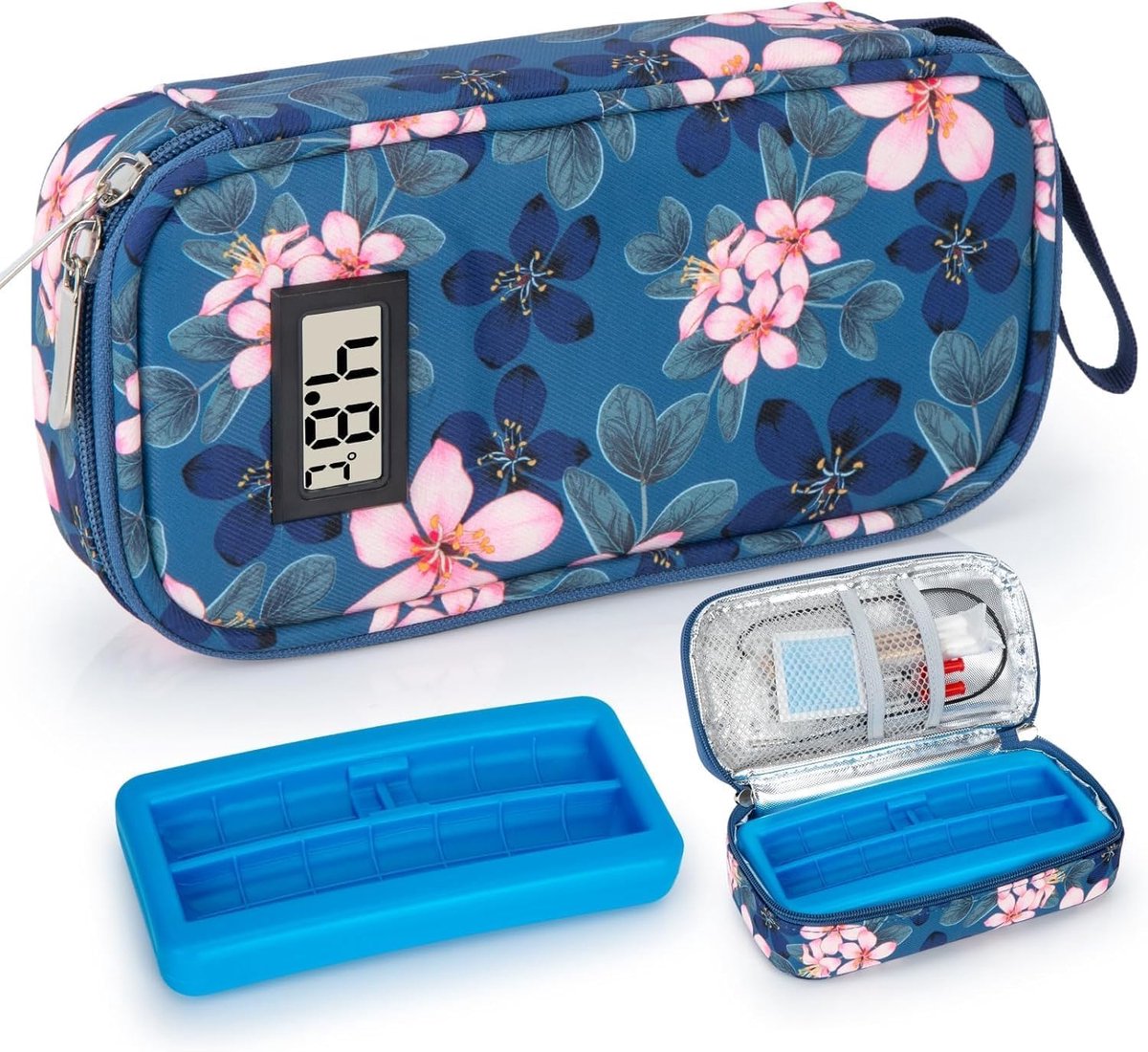 SnelShoppen - Grote koeltas voor 3-5 insulinepennen met 2 koelaccu's, temperatuurweergave, medicijntas, reistas voor diabetici, 22 x 11,5 x 5 cm, Magn