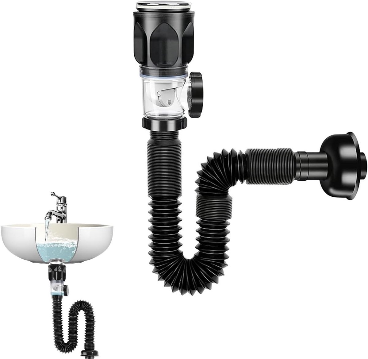 Flexibele Afvoer met Overloop voor Keuken en Badkamer, Pop-up Afvoer, Zwart PVC Siphon, 36 cm, 240 g, Ideaal voor Afvoerproblemen