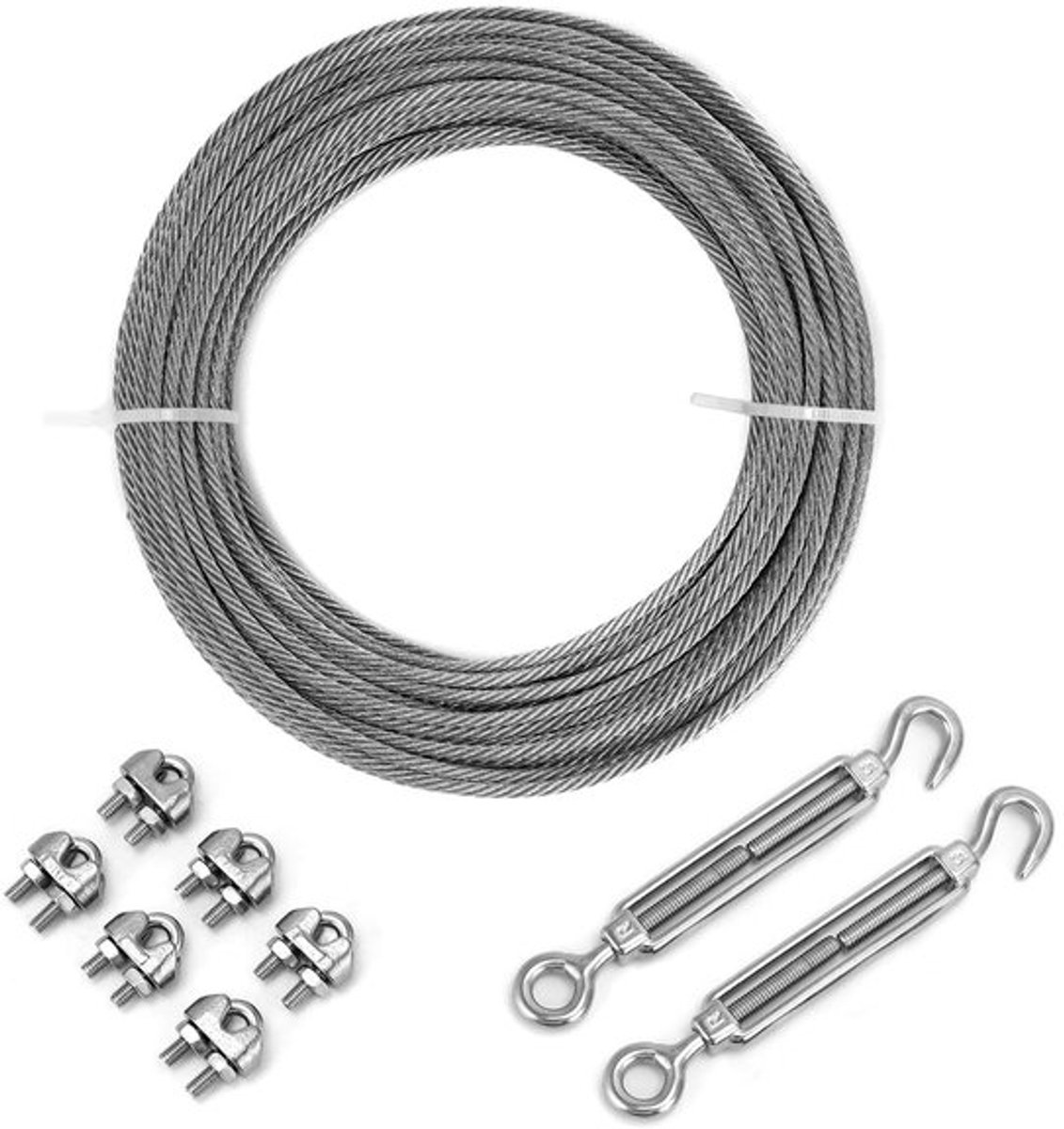 20m Stalen Kabel 3mm, RVS Kabelset met M5 Spanner, Ideaal voor Lampophangingen, Hekken en Waslijnen