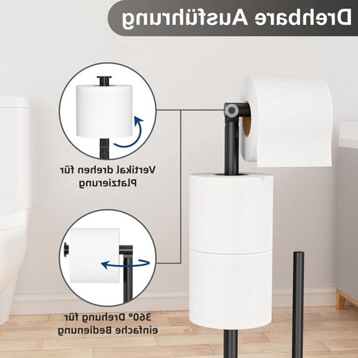 Toiletrolhouder met toiletborstel, vrijstaand in mat zwart - Duurzaam en stijlvol design voor moderne badkamers