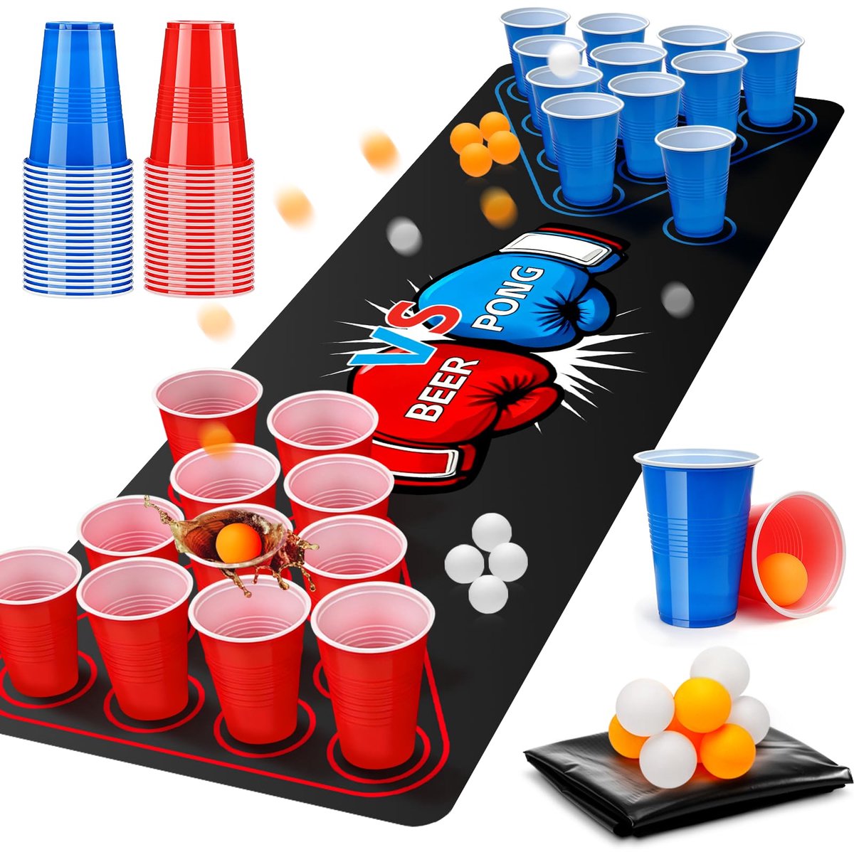 SnelShoppen - DESPOINA Beer Pong-tafelmattenset 180x60cm, herbruikbare bierpongbekerset met 40 kopjes, 8 ballen en 1 tafelmat voor feesten, bruiloften