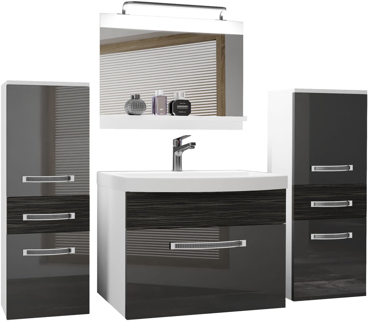 BELINI Badkamermeubel Set GLA PM 4 - Badmeubelset 140 cm Zilver Ebbenhout Hoogglans Mat met Wastafel, Spiegel en LED Lamp - Wandmontage