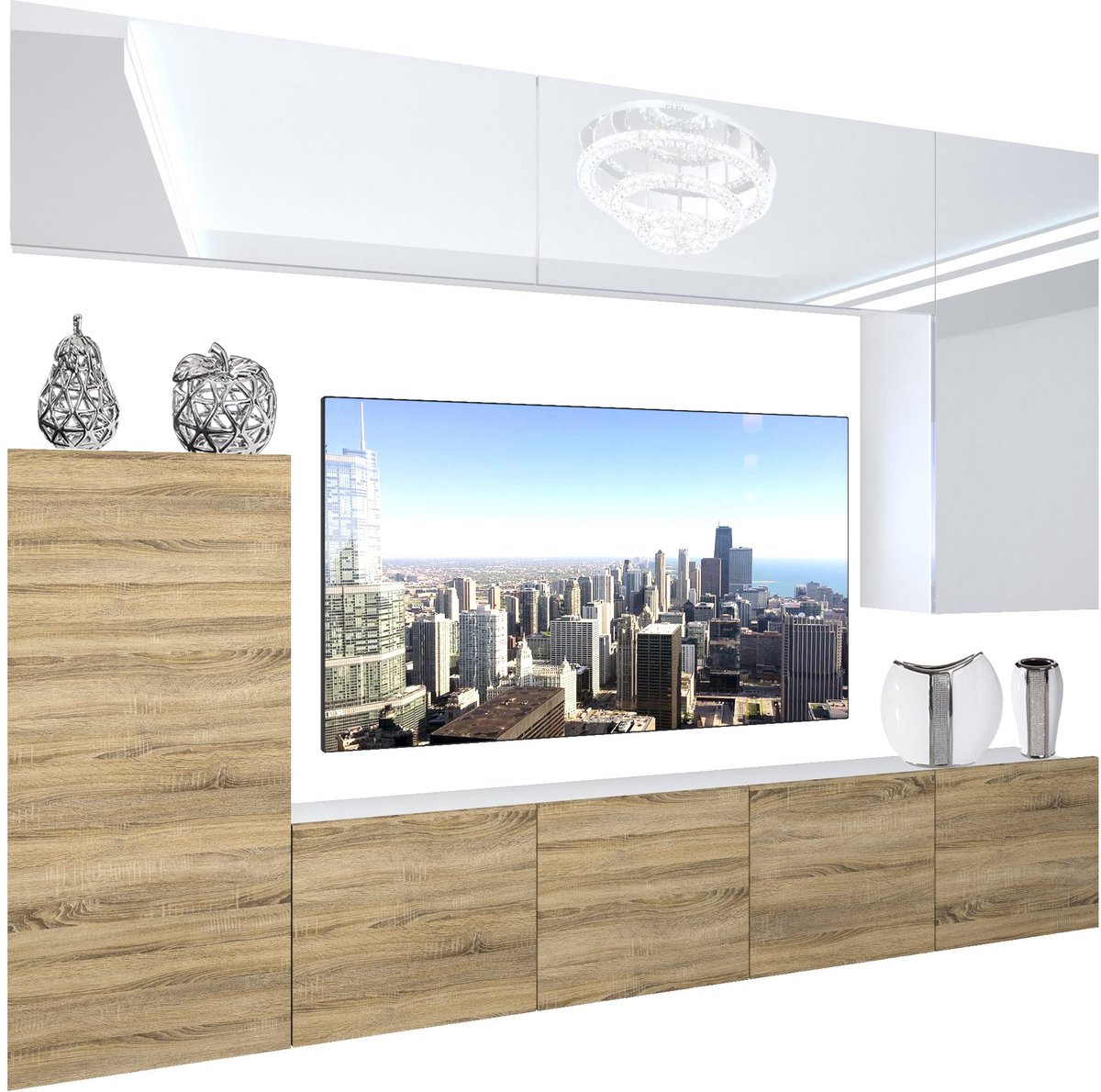 BELINI Wandmeubel NEX 8 - TV-Wandkast Set met LED-Verlichting Wit / Sonoma Eiken - Hoogglans Fronten