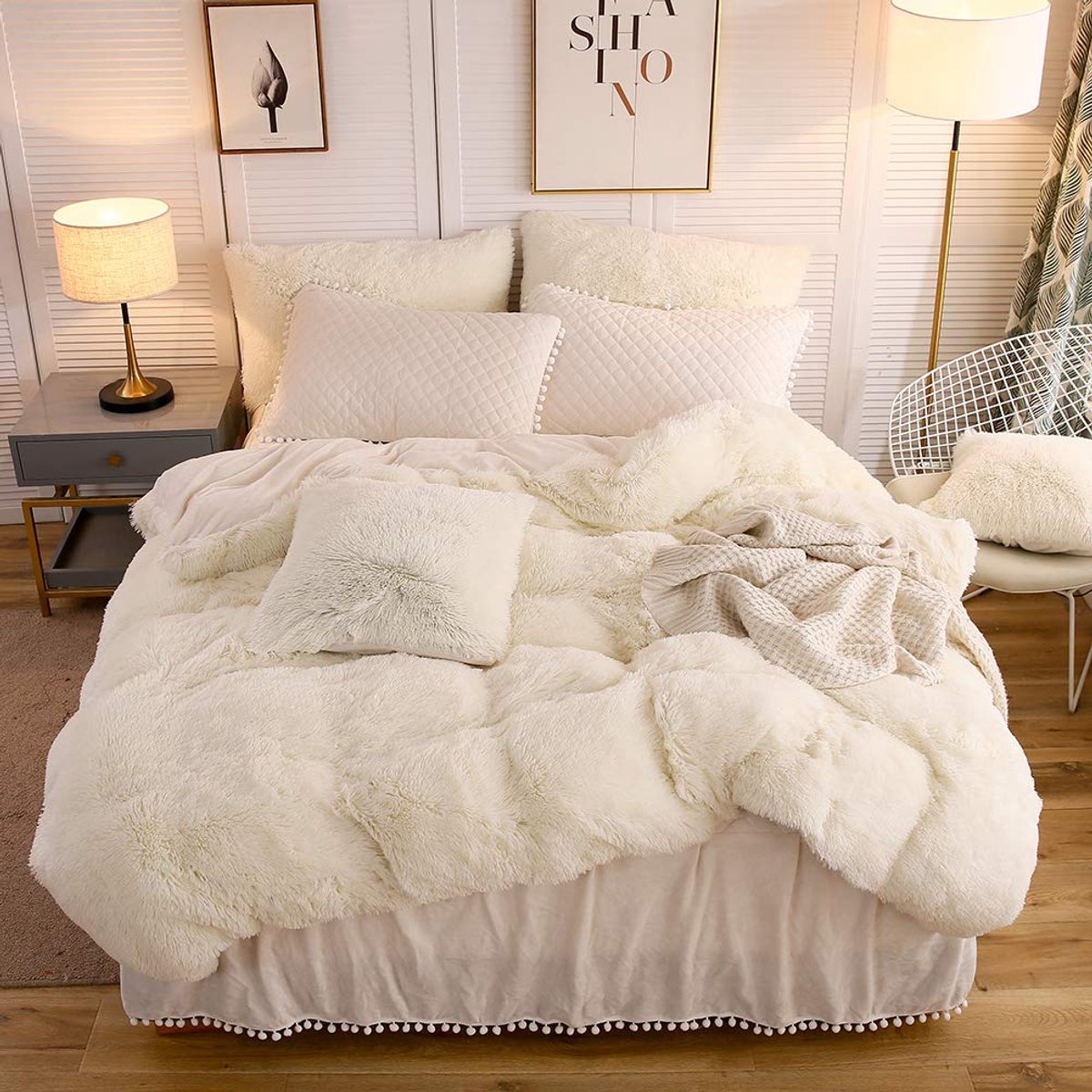 SnelShoppen - Luxe pluche Shaggy dekbedovertrekset - Zacht fluweel donzig beddengoedset - 1 imitatiebont dekbedovertrek + 2 pompons kussenslopen - Rit