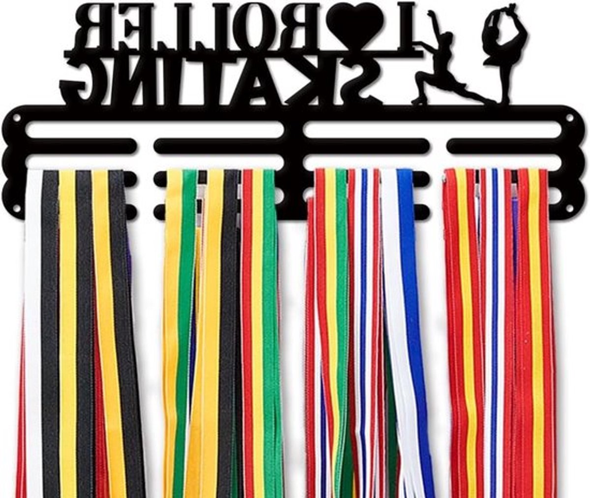 Rolschaatsmedaillehouder, sportlintendisplay, wandgemonteerde medailles en awards‑rek, voor meer dan 60 medailles en prijzen, gelaagd ontwerp met haakjes