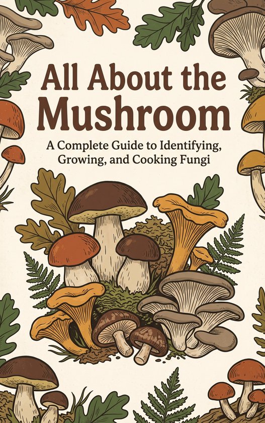 Couverture de livre avec des illustrations de divers champignons, feuilles et fougères. Titre : 'All About the Mushroom'.