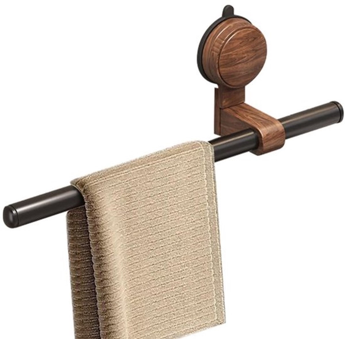 Handdoekhouder met zuignap - Wandhanddoekhouder - Handdoekhouder zonder boren - Houten handdoekhouder - Water- en corrosiebestendig - Beweegbare stang - Handdoekrek