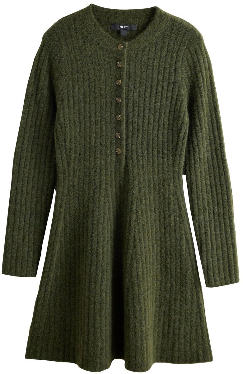 Next - Dames - Ribgebreide Henley-mini-jurk - Groen