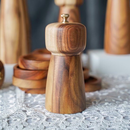 Verstelbare Pepermolen en Zoutmolen met Keramische Maalkern van Acaciahout, 14 cm Hoog, Perfect voor Specerijen en Keukenaccessoires — afbeelding 4