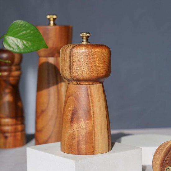 Verstelbare Pepermolen en Zoutmolen met Keramische Maalkern van Acaciahout, 14 cm Hoog, Perfect voor Specerijen en Keukenaccessoires — afbeelding 2