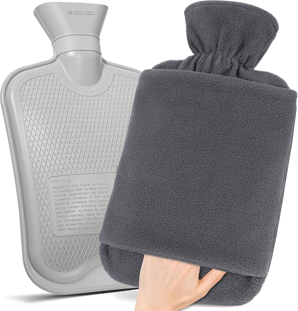 SnelShoppen - Warmwaterkruik met Fleece Overtrek 2L, Dicht, Kangoeroezak, Grijs - Ideaal voor Handen, Voeten, Rug & Schouders, Wasbaar, Grote Invullop