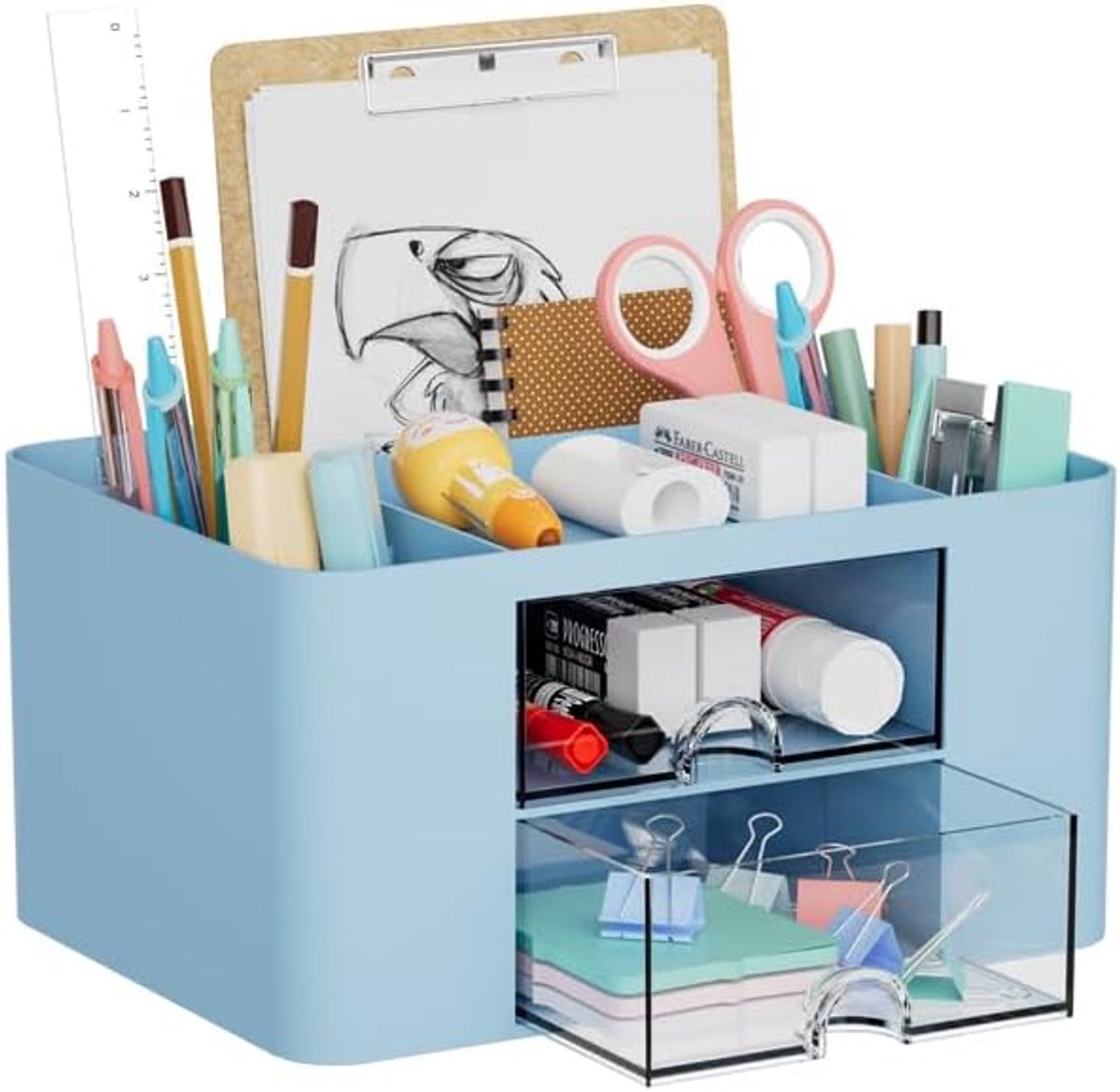 SnelShoppen - Marbrasse Bureau-organizer met Laden, Multifunctionele Pennenhouder, Bureau met 7 Vakken, 2 Laden, Blauw, Desk Organizer voor Thuis en K