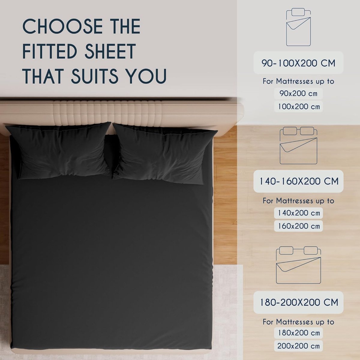 SnelShoppen - Premium Topper Hoeslaken 180 x 200 cm - 200 x 200 cm - Extra Lage Zijhoogte - Hoeslaken Jersey Katoen 150 g/m² - Oeko-Tex - Donkergrijs