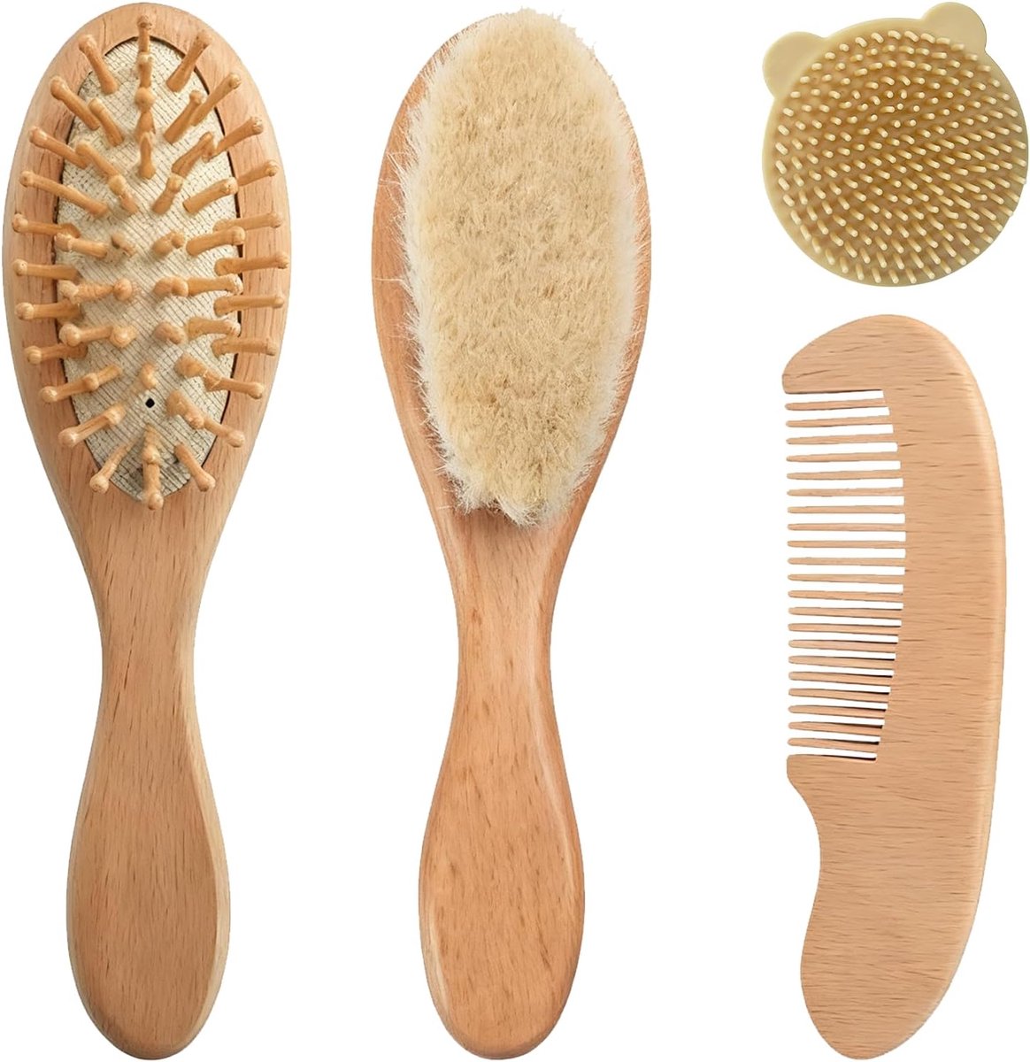 SnelShoppen - Set van 4 Houten Borstels en Kammen voor Babyhaar, Zachte Geitenhaar Haarverzorgingsset tegen Melkkorsten voor Pasgeborenen, Ideaal Cade