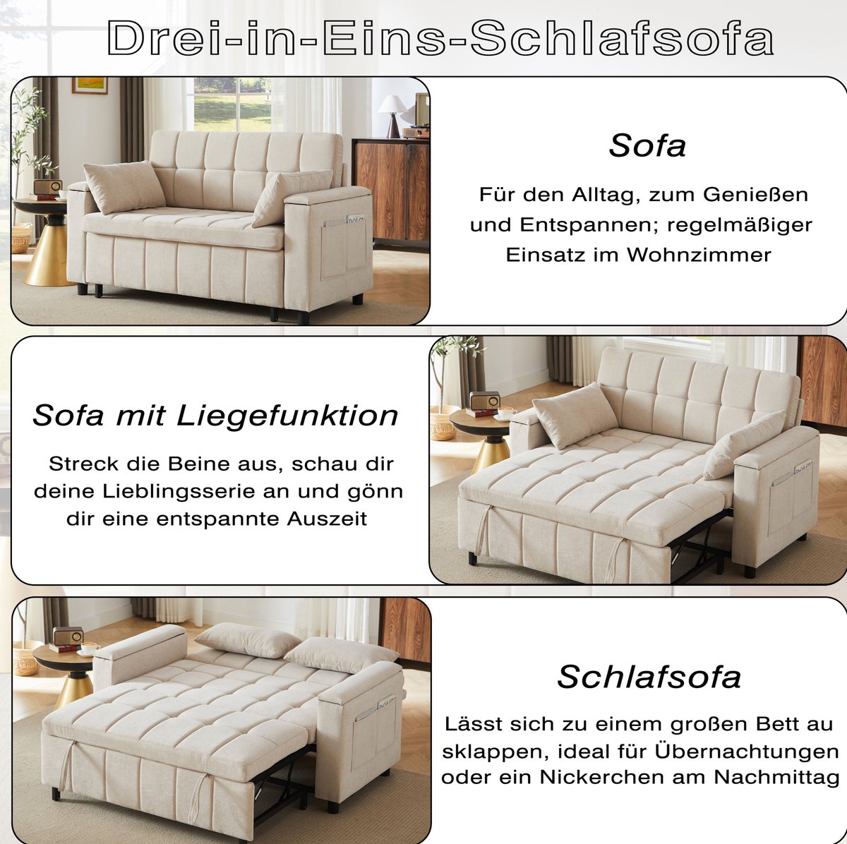 OKWISH Slaapbank 148,6 Cm - 3 In 1 2 Zits Met Opbergruimte In Armleuningen - Uitschuifbaar Voor Woonkamer En Logeerkamer - Chenille - Beige