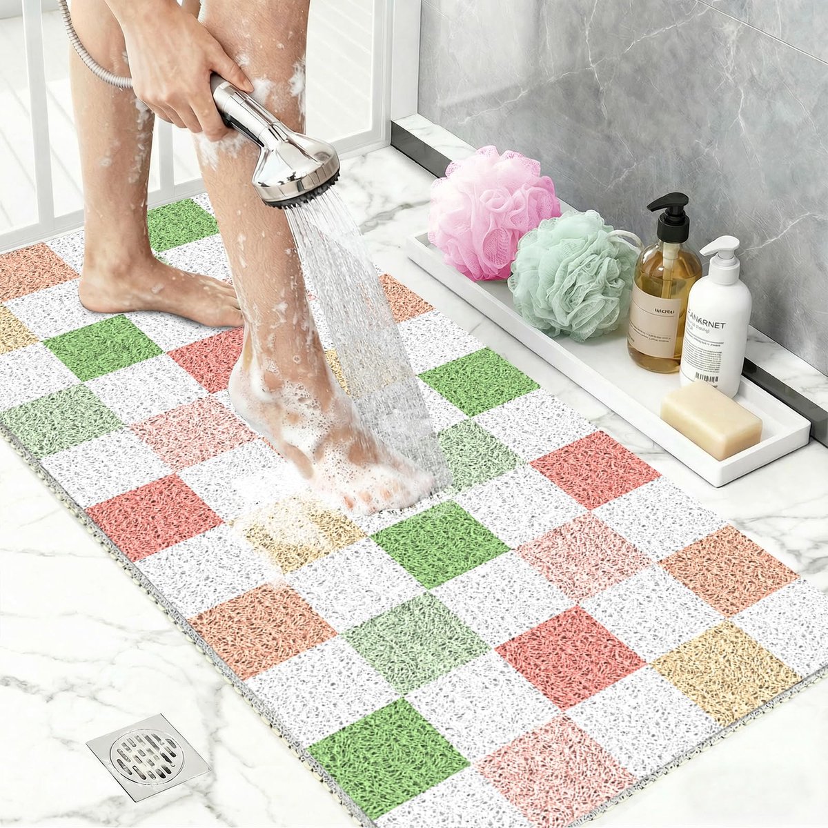 SnelShoppen - Luffa Douchemat Antislip Geruit - Sneldrogende Badkamermat PVC - Schimmelbestendig - Wasbare Kleurrijke Badmat voor Douche en Bad - Idea