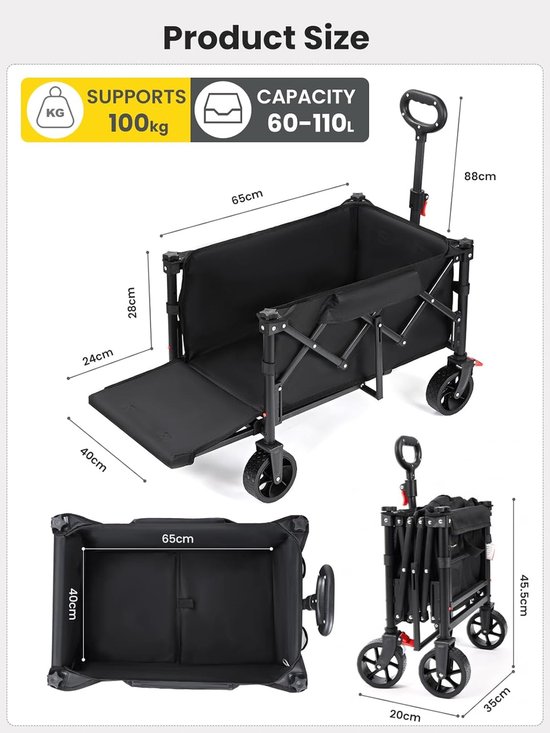 Opvouwbare Bolderkar - Transportwagen Kampeerwagen - Spullen Vervoeren - Uitschuifbare Achterklep - 110L Capaciteit - Donker van Opvouwbare Bolderkar — afbeelding 3