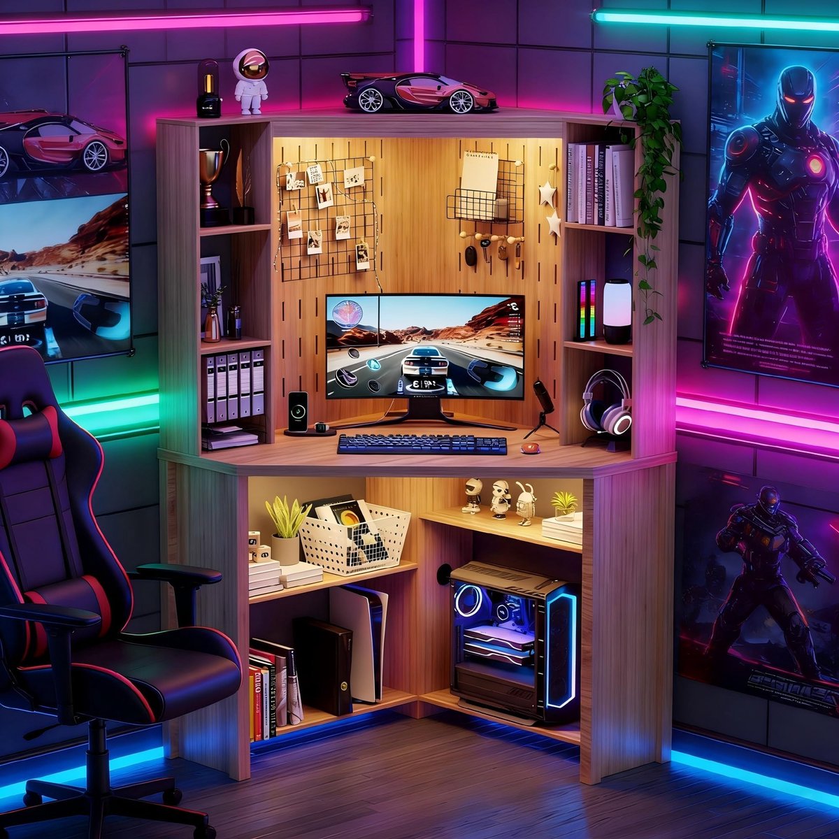 SnelShoppen - L-vormig gamingbureau met prikbord en schuiflamp, hoekbureau met 2 stopcontacten en 1 USB, LED-verlichting, houtkleur, ideaal voor thuis