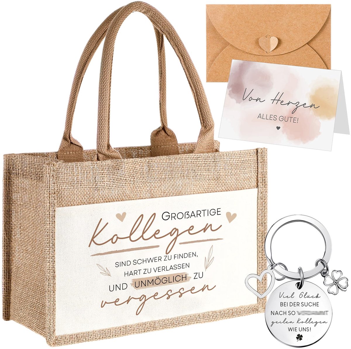 SnelShoppen - Set van 4 Verloskundigen Sleutelhangers met Hartcadeau, Bedankcadeau voor Afscheid, Metalen Sleutelhangers in Jute Zakje met Regenbooggr