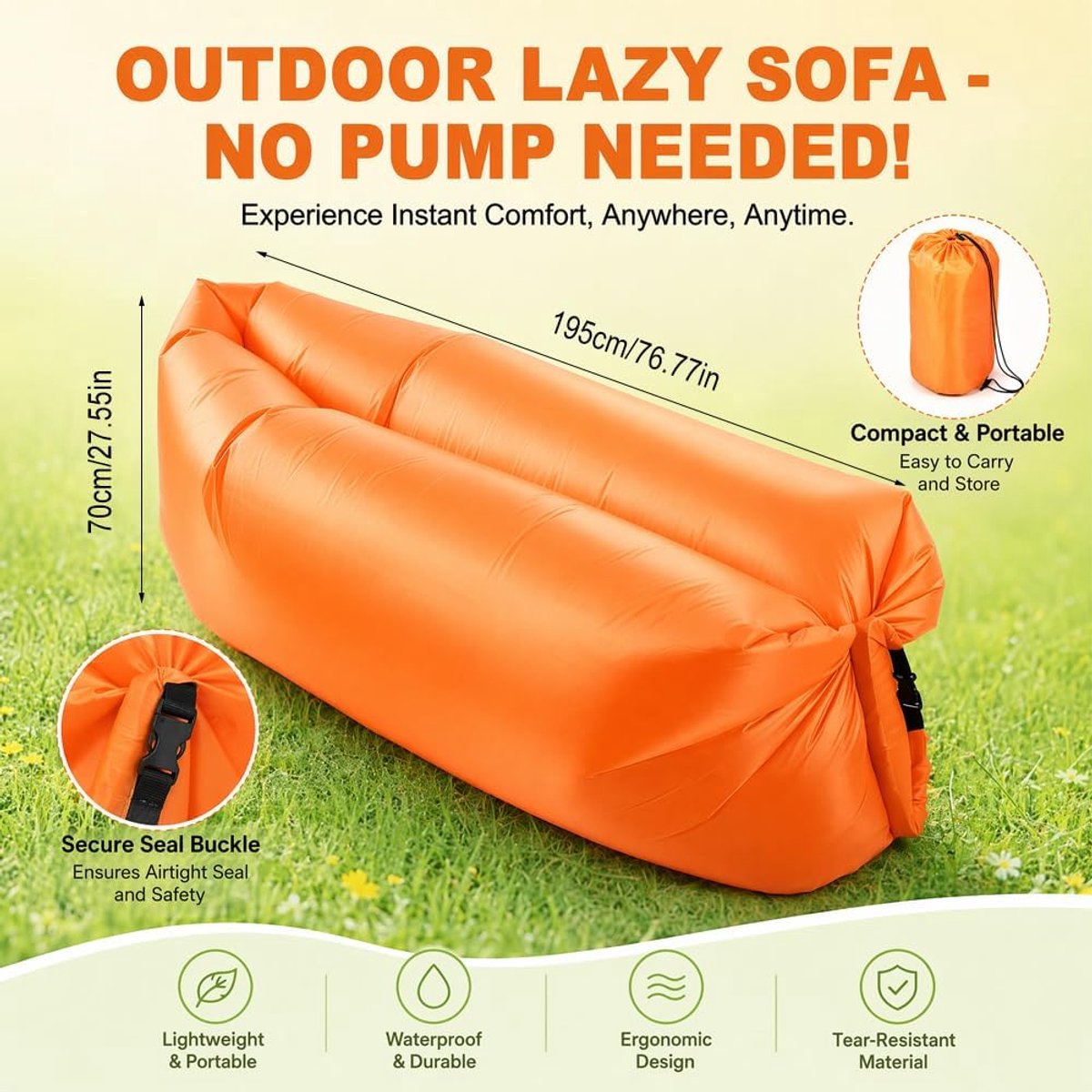 SnelShoppen - Opblaasbare Sofa 235 x 72 cm - Draagbare Luchtbank met Comfortabel Kussen - Waterdichte Ligstoel voor Kamperen, Strandfeesten, Outdoor,