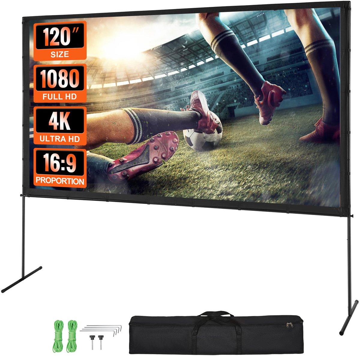 SnelShoppen - VEVOR Projectorscherm met standaard 120 inch 16:9 4K 1080 HD Outdoor Filmscherm, Kreukvrij Projectiescherm met Staafpoten en Draagtas vo