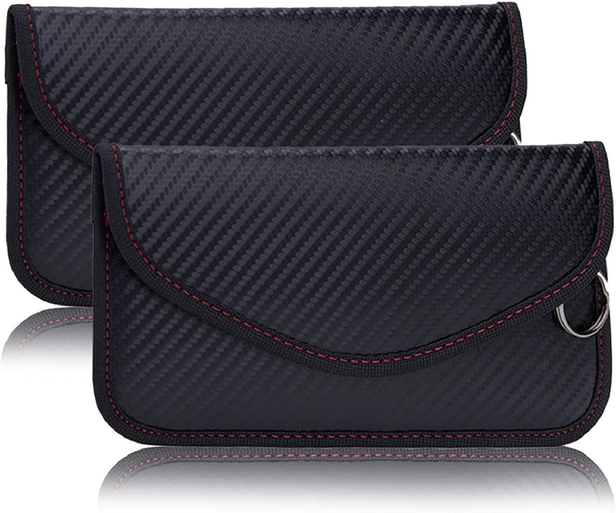 SnelShoppen - Keyless Go Bescherming 2 Stuks Koolstofvezel Leer Faraday Bag RFID Blocker Autosleutel Hoes Sleuteletui Stralingsbescherming Tas met Haa