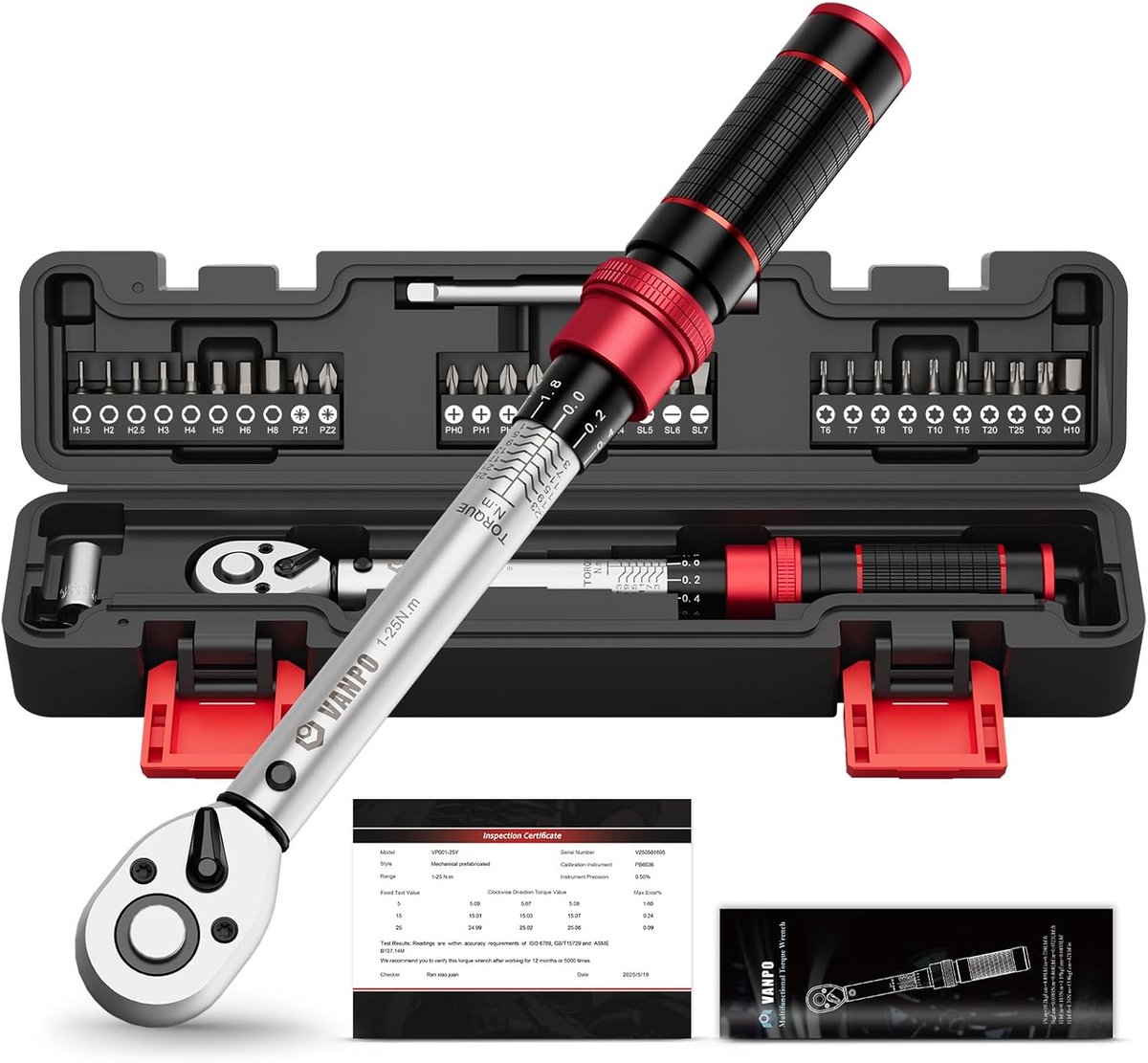 SnelShoppen - Momentsleutel 1/4 inch, 1-25 NM, 32-delige set voor fiets en motorfiets met verlengstang, zeskant, torx en kruiskop, 72 tanden voor fiet