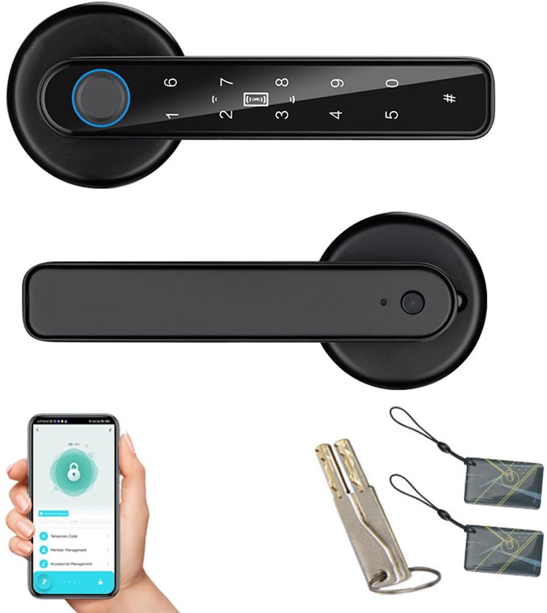 SnelShoppen - Vingerafdruk Deurslot 5-in-1 Slimme Deurknop met App, Vingerafdruk, IC-kaarten, Wachtwoord en Back-up Toetsen voor Slaapkamer, Kantoor e