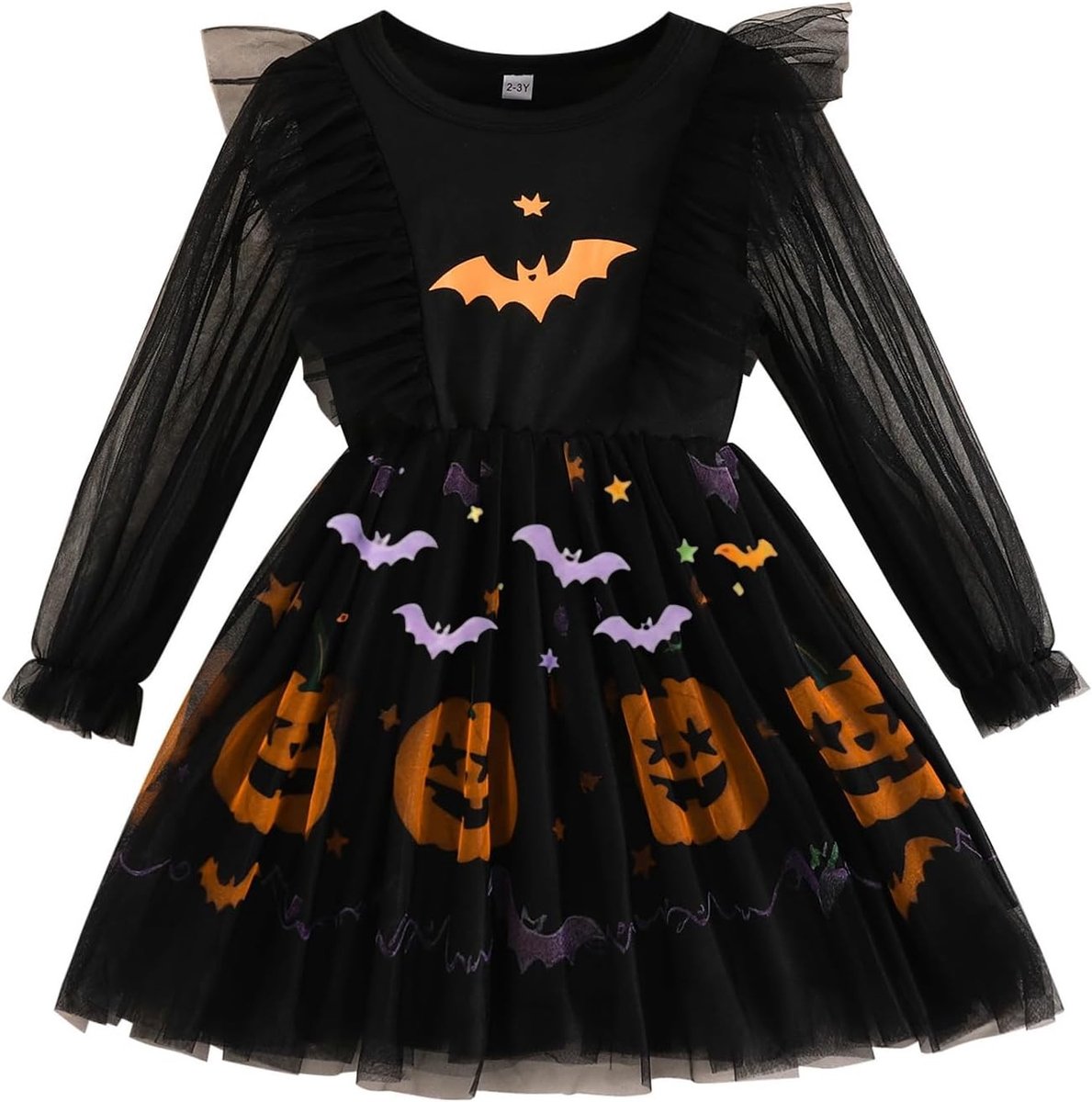 Zwarte Halloweenjurk voor kleine meisjes van 5-6 jaar, feestkostuum met tule en lange mouwen, ideaal voor Halloween-feesten en kostuumoutfits voor peuters van 2-8 jaar