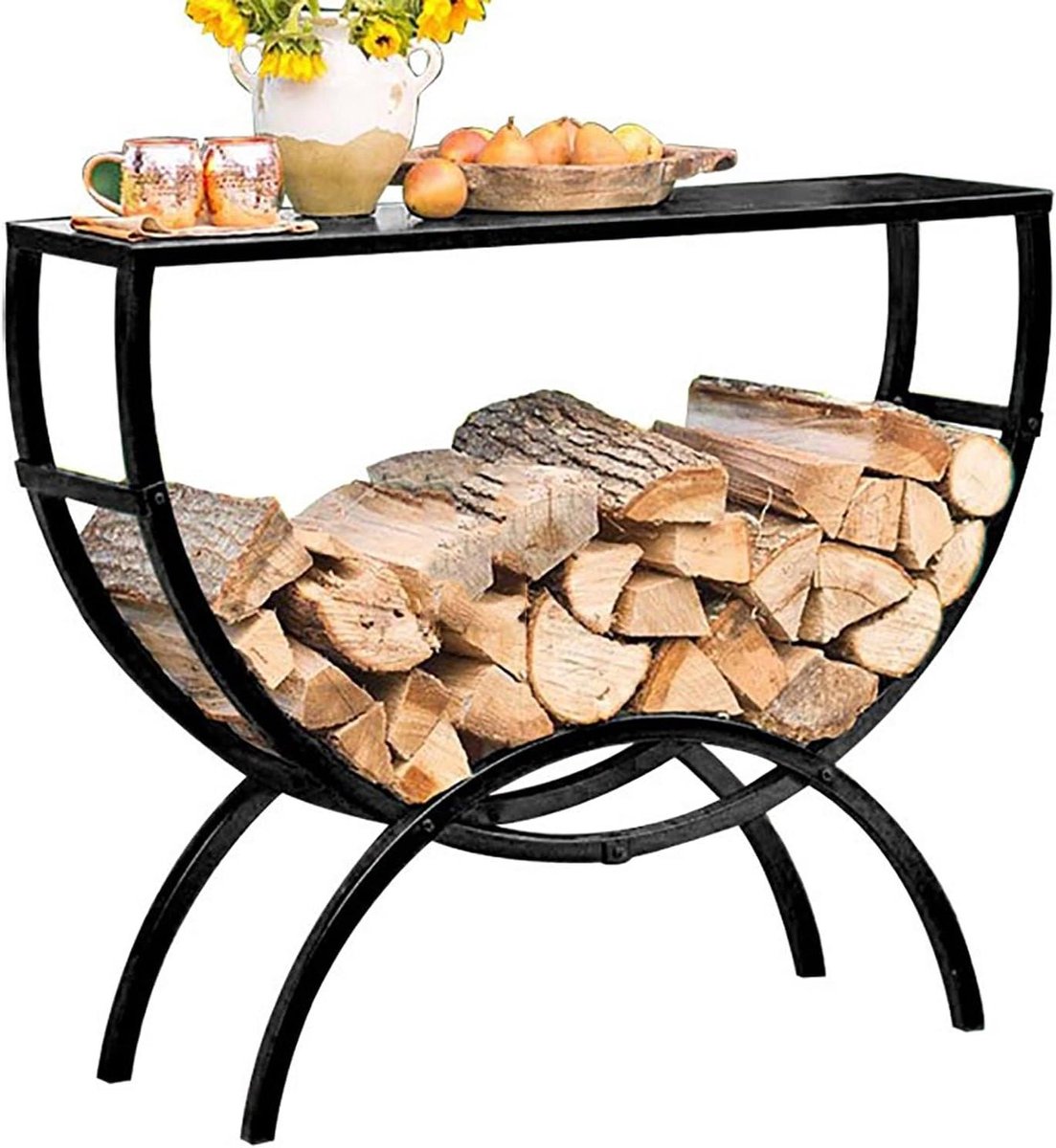Brandhoutrek met Tafel - Houthouder Buiten - Opslag en Droging - Stabiele Metalen Constructie - 120 cm Lengte - Zwart