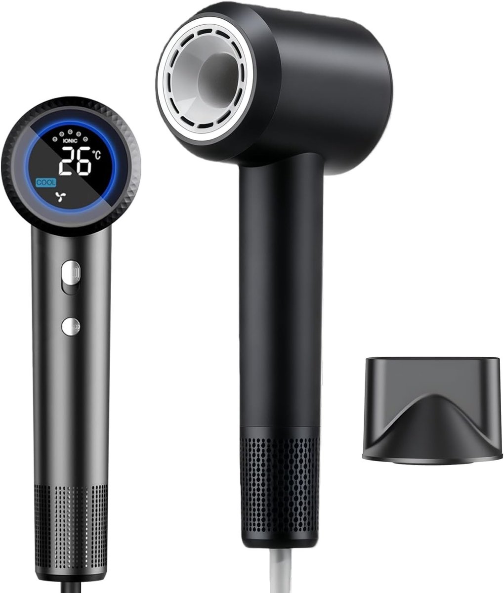 Professionele Ionische Haardroger - Zwart - 1600 W - Met Digitaal Display en Intelligente Temperatuurregeling - Voor Thuis en Reizen