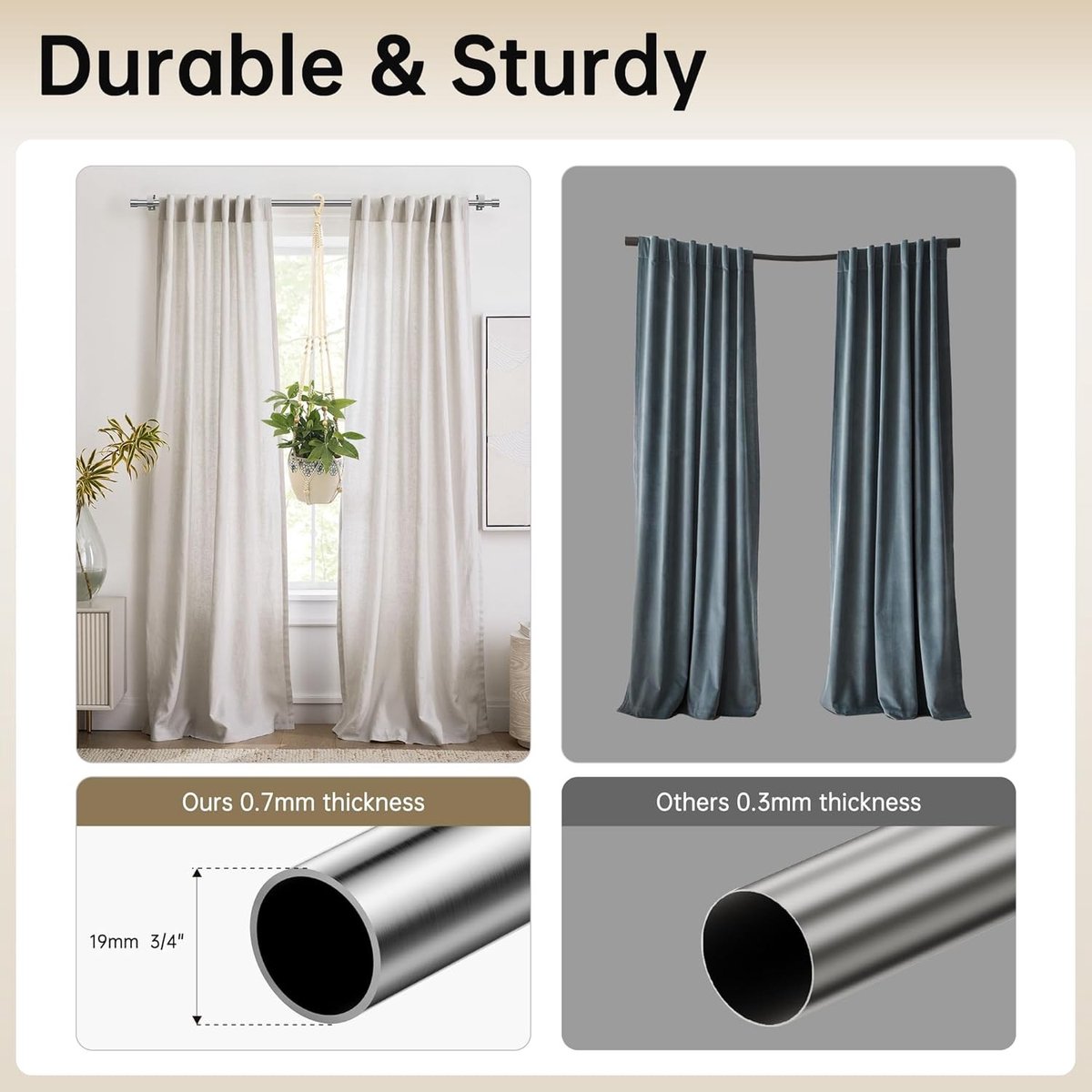 Uittrekbare gordijnroedes - Geborsteld nikkel - 76-350 cm - Verstelbare gordijnroede met elegante eindkappen - Voor woonkamer, slaapkamer, kantoor