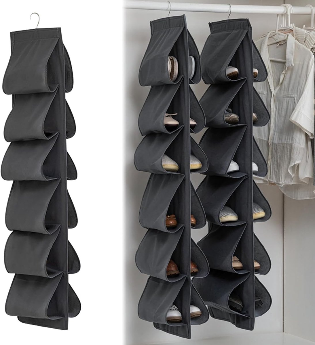 Hangorganizer Schoenenrek - Zwart - 117 x 33 cm - Ruimtebesparende Schoenenopbergers met Haken - Voor Slaapkamer en Woonkamer