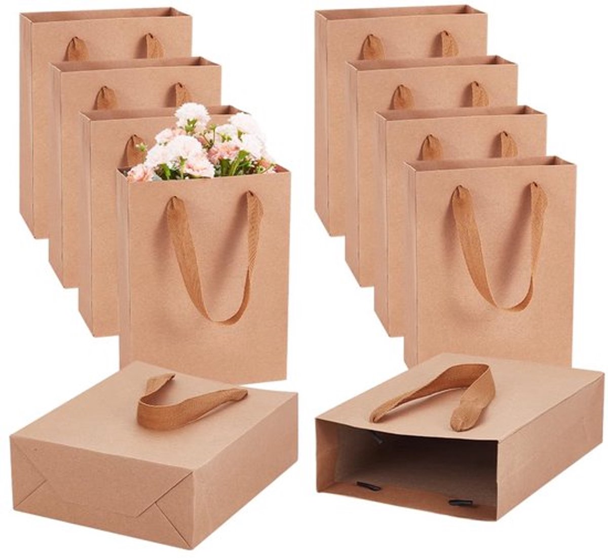 Verpakking van 10 papieren zakken, dikke kartonnen boodschappentassen met handvat voor verpakkingsbedrijven voor gastgeschenken, 20 x 15 x 6 cm